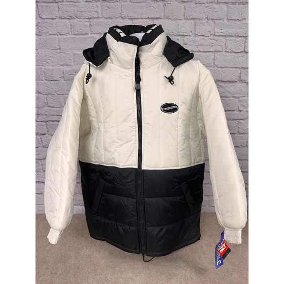 Vintage Rooky Reversible Puffer Jacket Hooded Water Resistant Black White XL‎